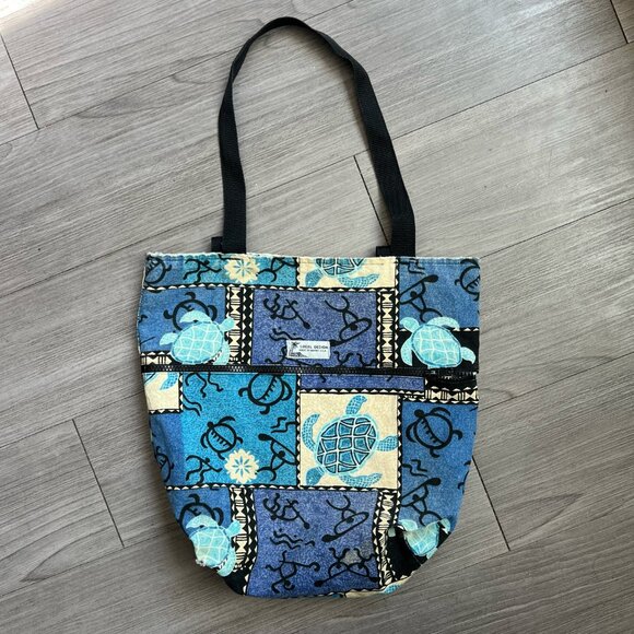 Tropical Hawaiian Reversible Tote Local Design USA Turtle Tribal Print Cotton - Picture 1 of 8